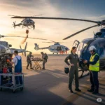 a group of people standing next to helicopters